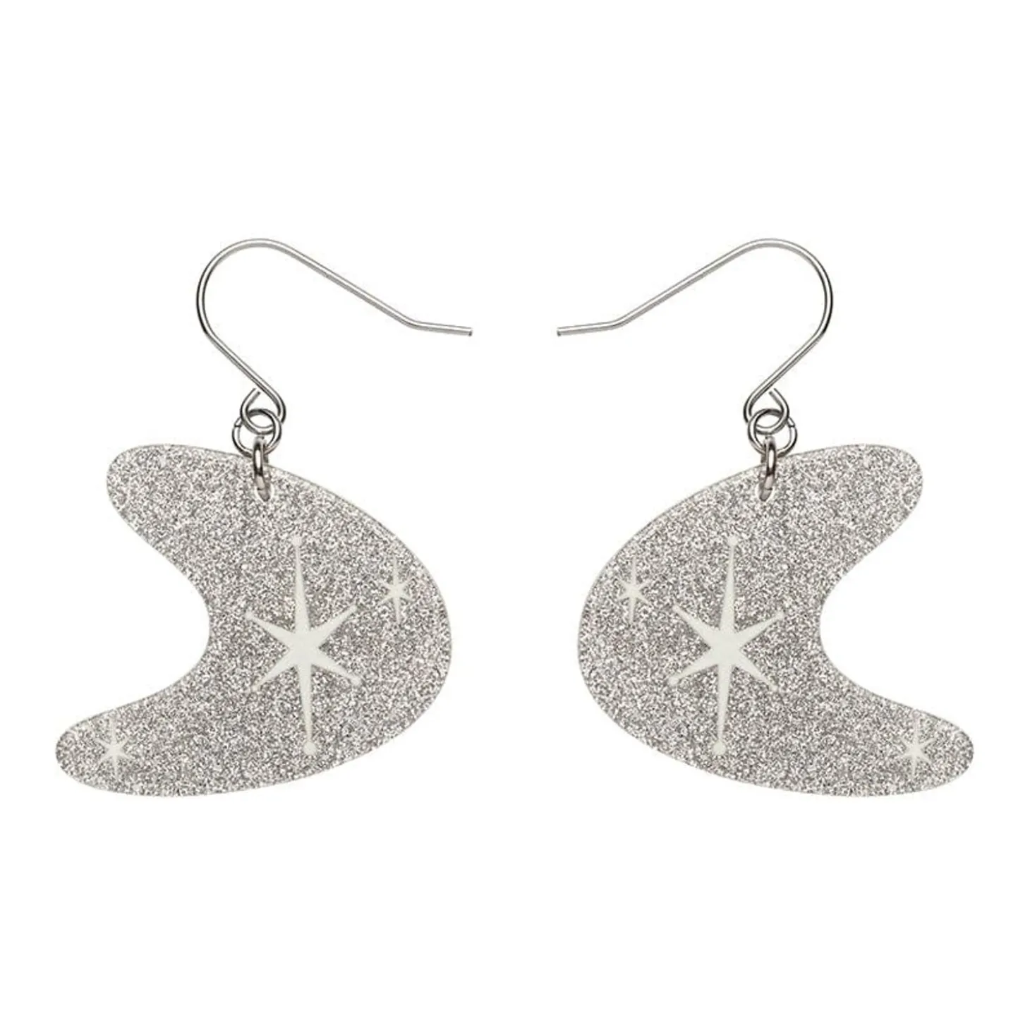 Atomic Boomerang Glitter Drop Earrings - Silver