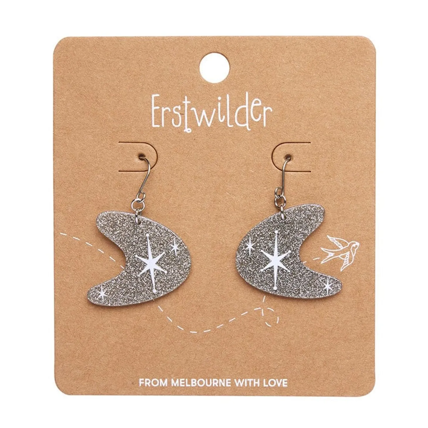 Atomic Boomerang Glitter Drop Earrings - Silver