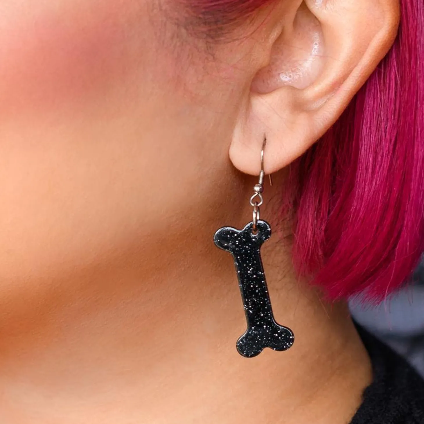 Bones Glitter Resin Drop Earrings - Black