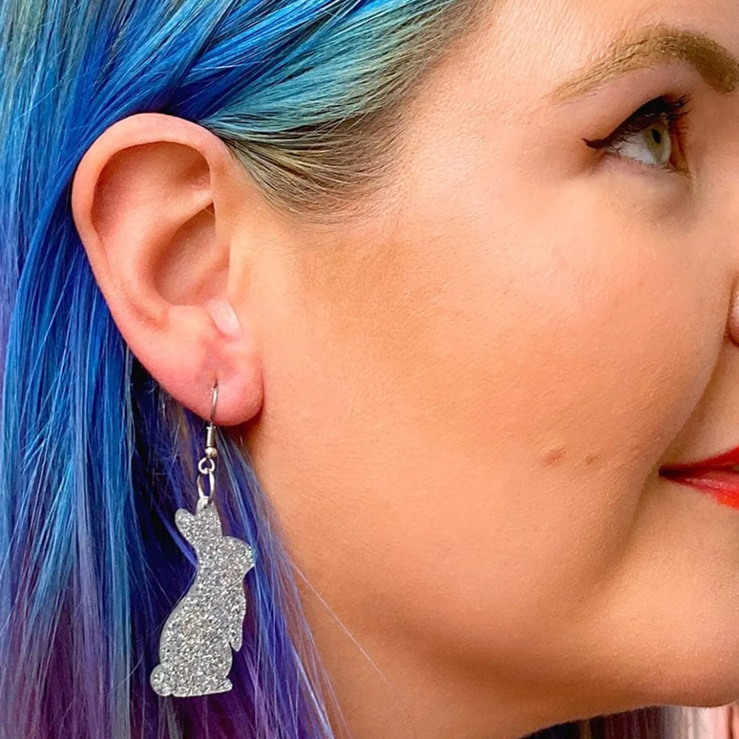 Bunny Glitter Resin Drop Earrings - Silver