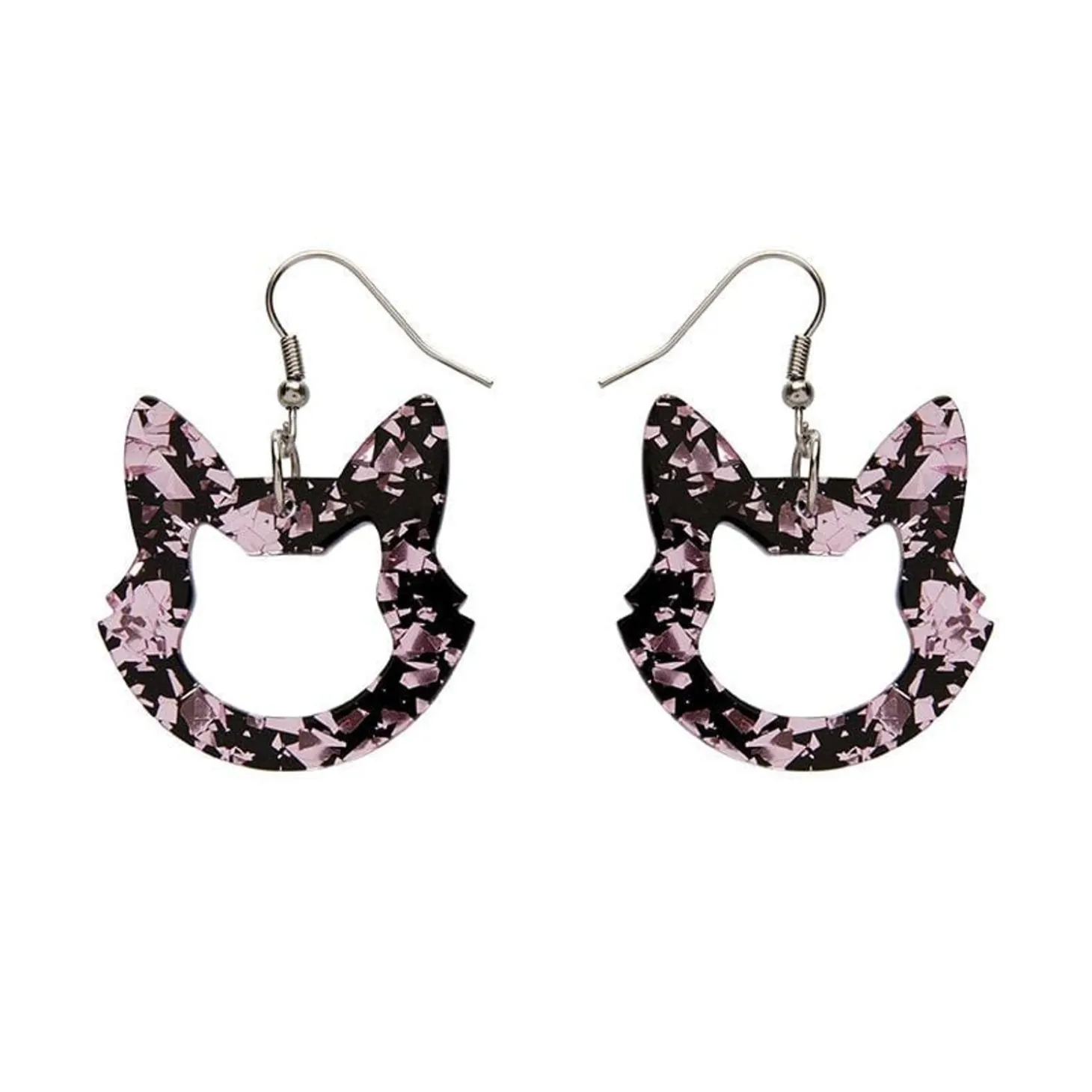 Cat Head Chunky Glitter Resin Drop Earrings - Pink