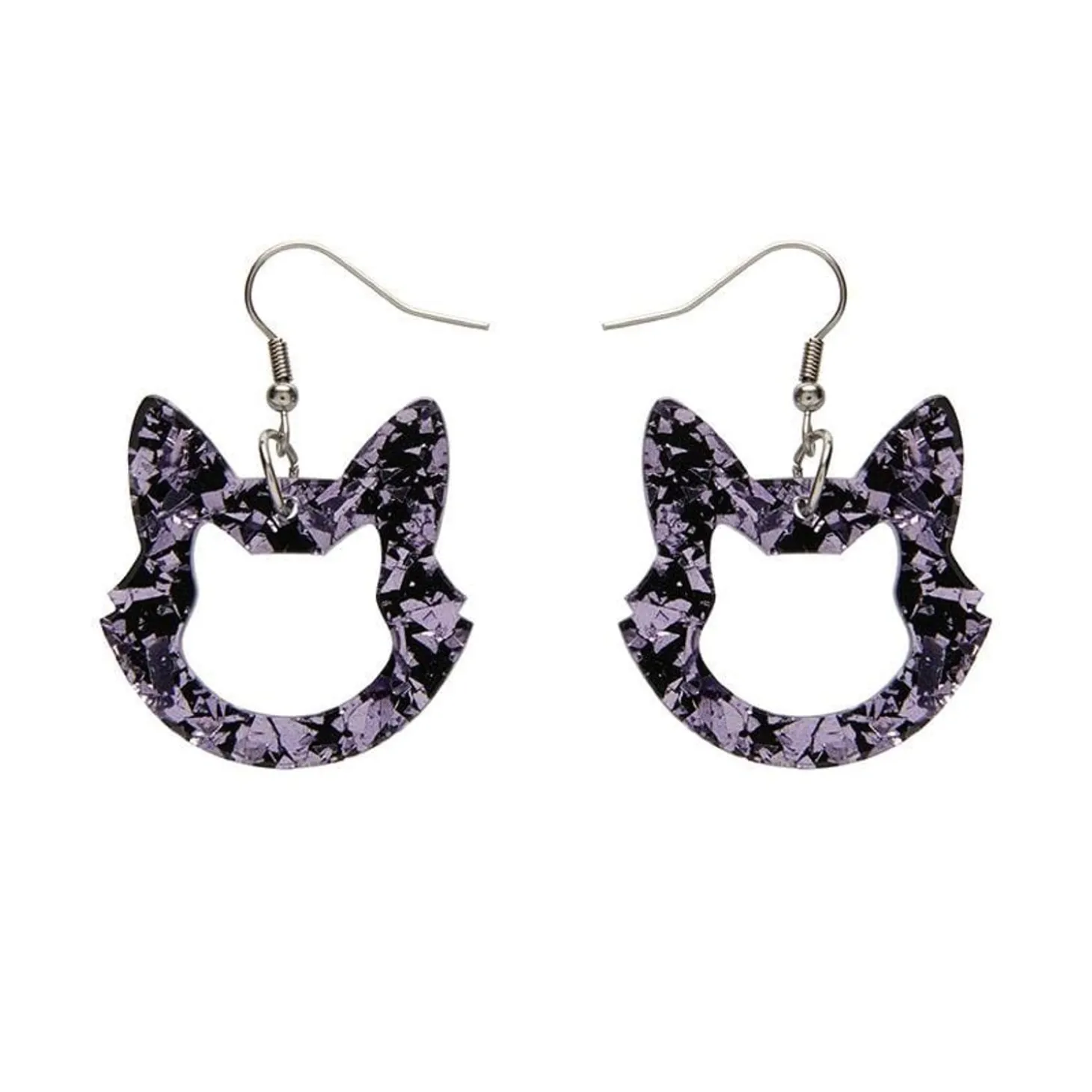 Cat Head Chunky Glitter Resin Drop Earrings - Purple