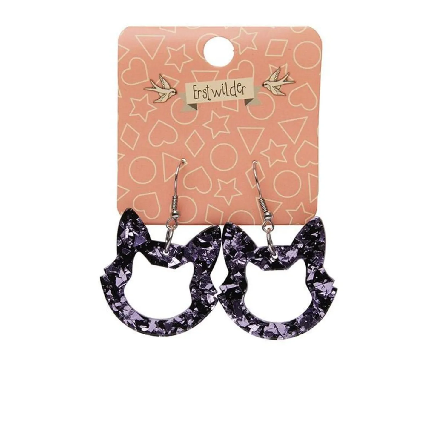 Cat Head Chunky Glitter Resin Drop Earrings - Purple