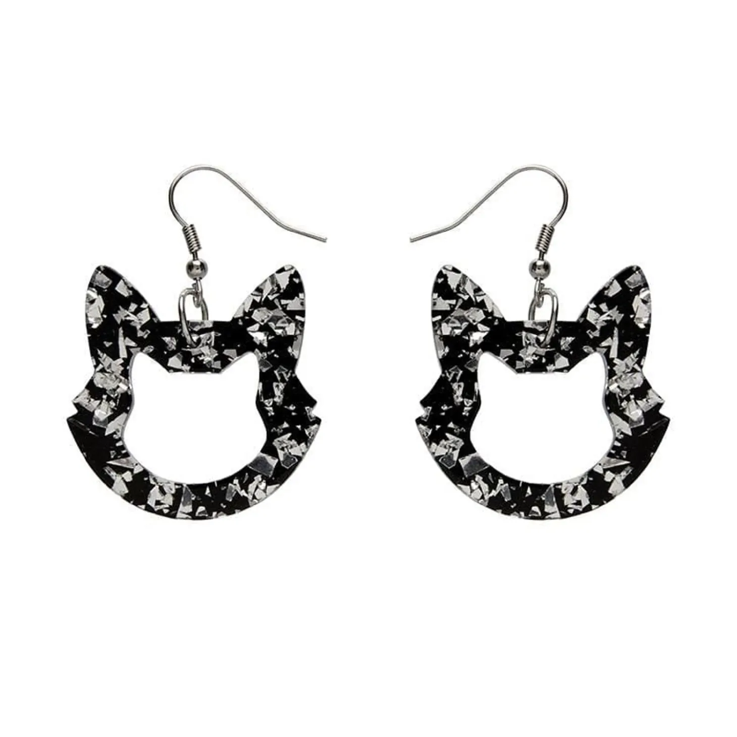 Cat Head Chunky Glitter Resin Drop Earrings - Silver