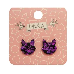 Cat Head Chunky Glitter Resin Stud Earrings - Purple