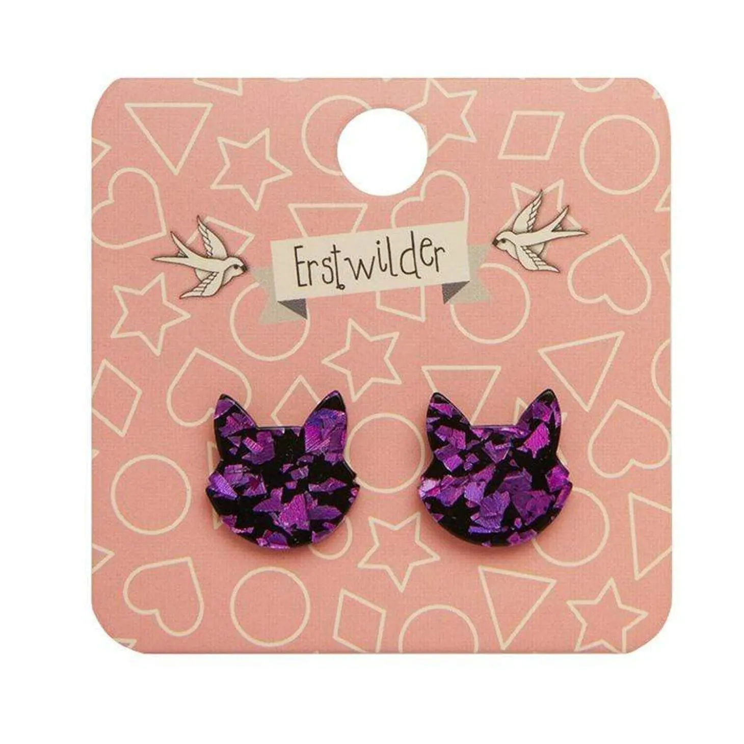Cat Head Chunky Glitter Resin Stud Earrings - Purple
