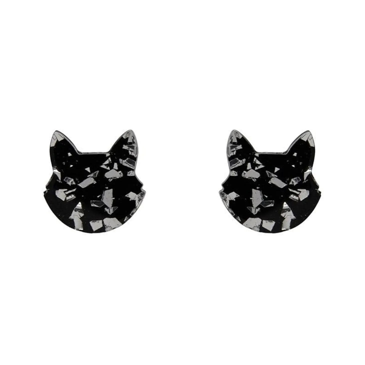 Cat Head Chunky Glitter Resin Stud Earrings - Silver