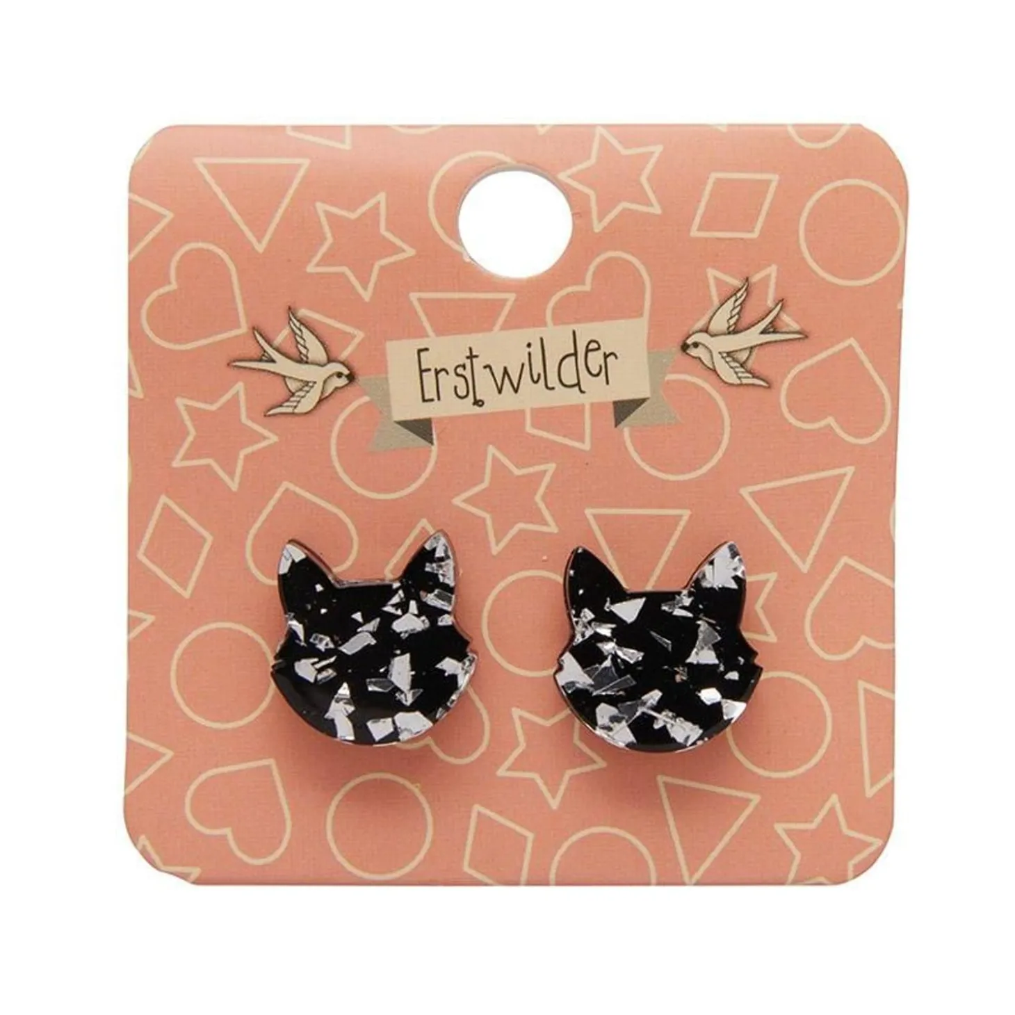 Cat Head Chunky Glitter Resin Stud Earrings - Silver