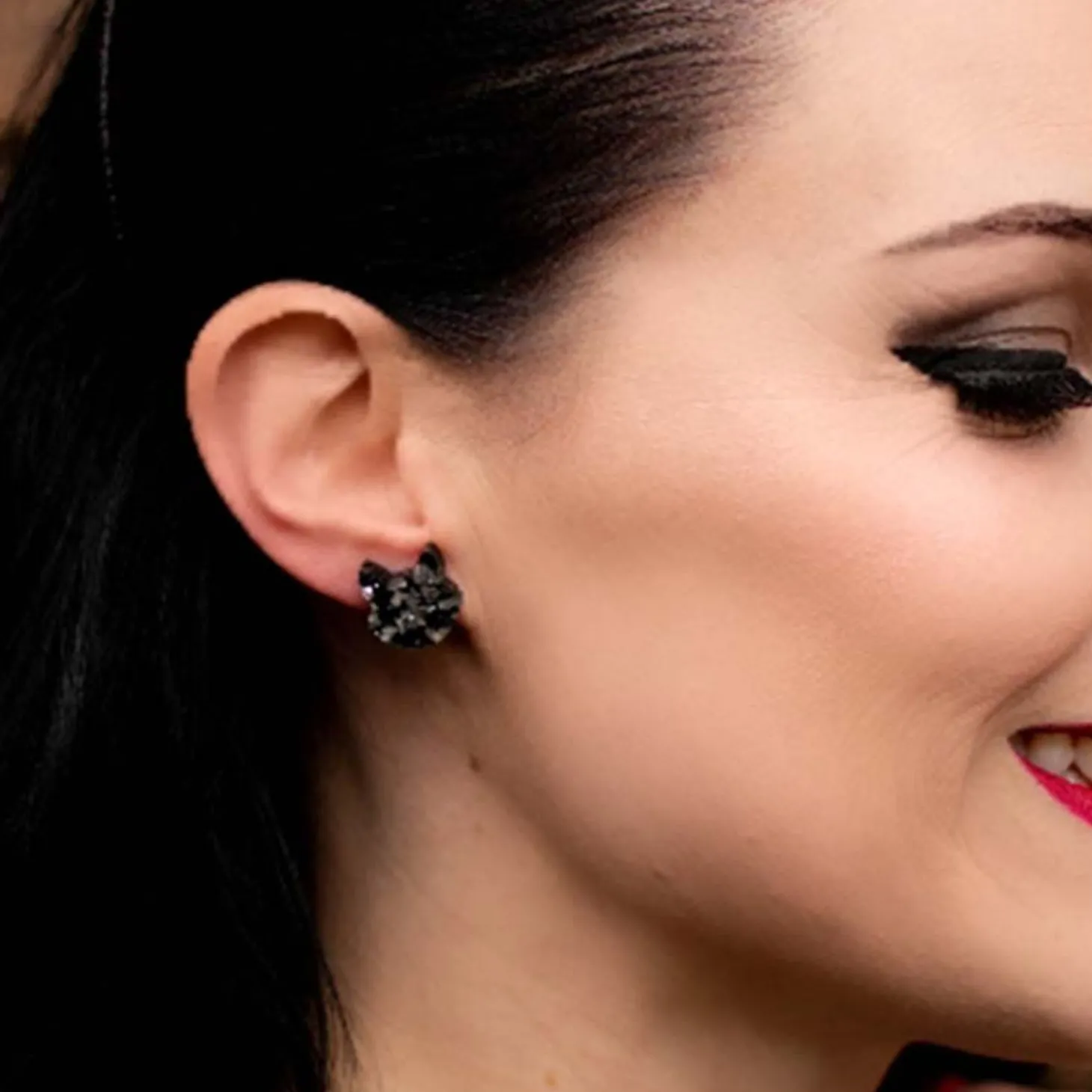 Cat Head Chunky Glitter Resin Stud Earrings - Silver