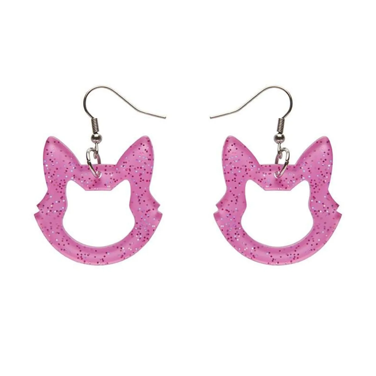 Cat Head Glitter Resin Drop Earrings - Pink