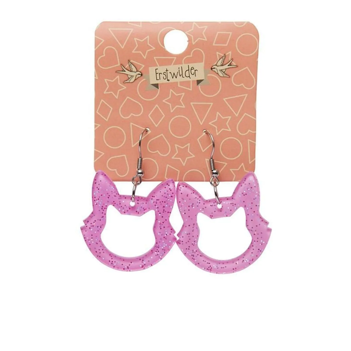 Cat Head Glitter Resin Drop Earrings - Pink