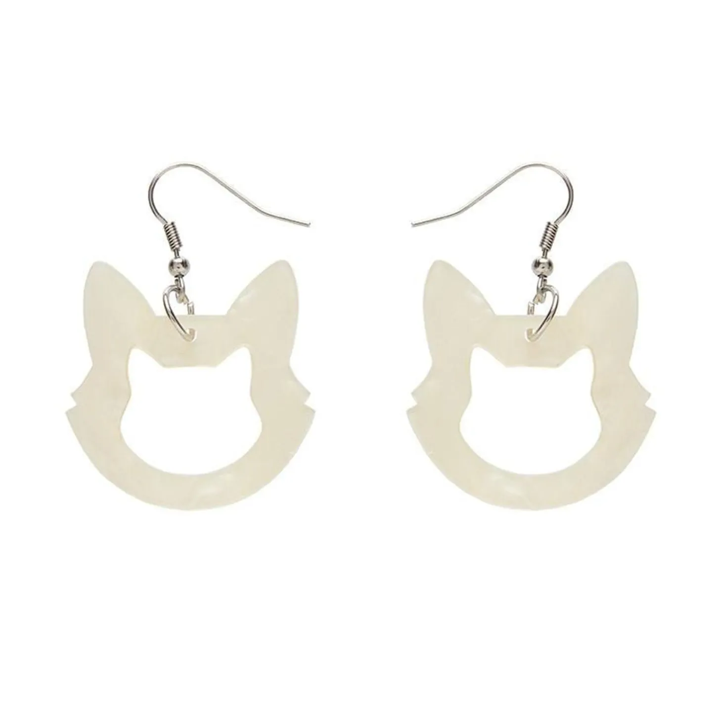 Cat Head Glitter Resin Drop Earrings - White
