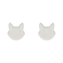 Cat Head Glitter Resin Stud Earrings - White
