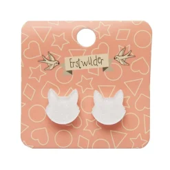 Cat Head Glitter Resin Stud Earrings - White