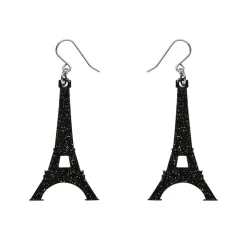 Eiffel Tower Glitter Resin Drop Earrings - Black