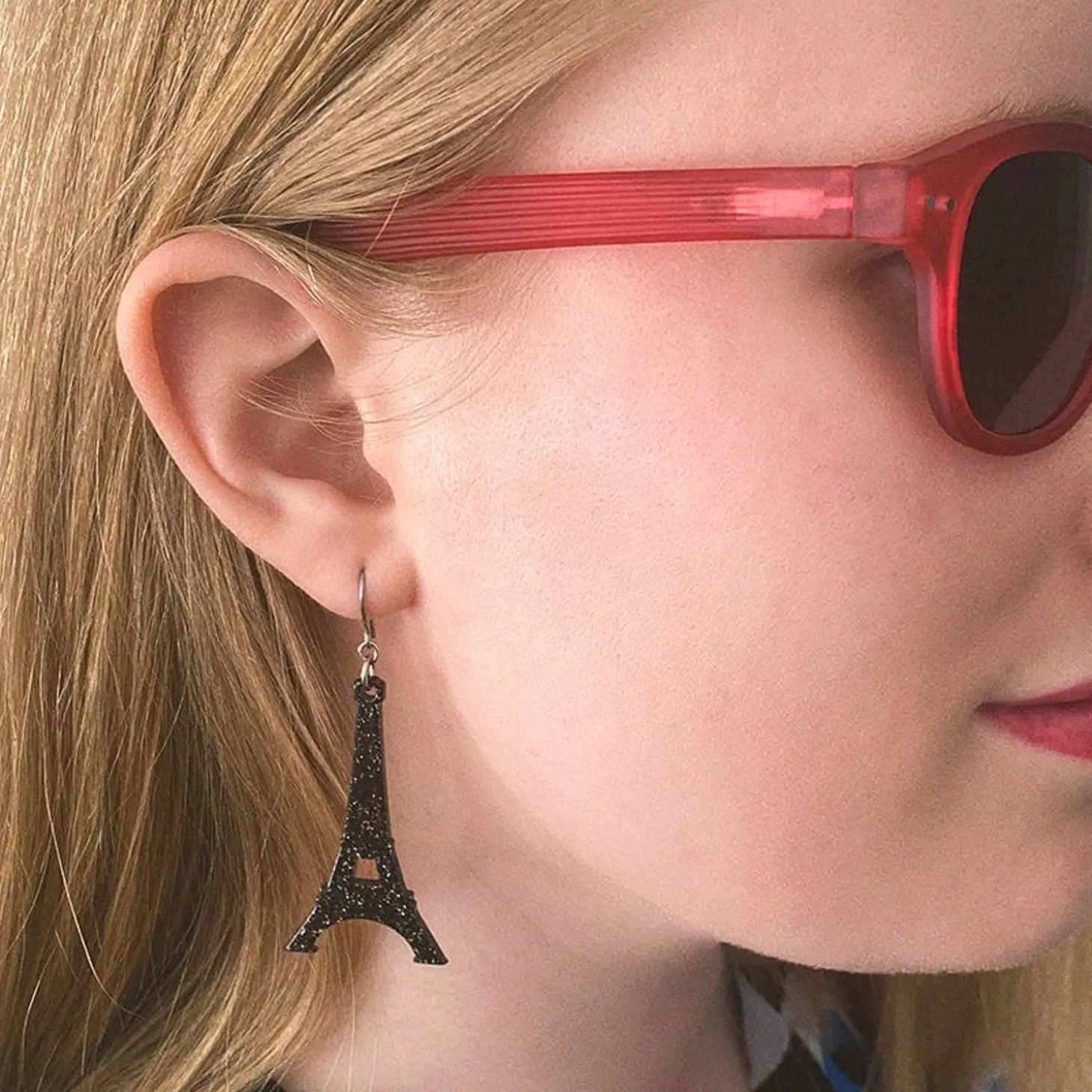 Eiffel Tower Glitter Resin Drop Earrings - Black