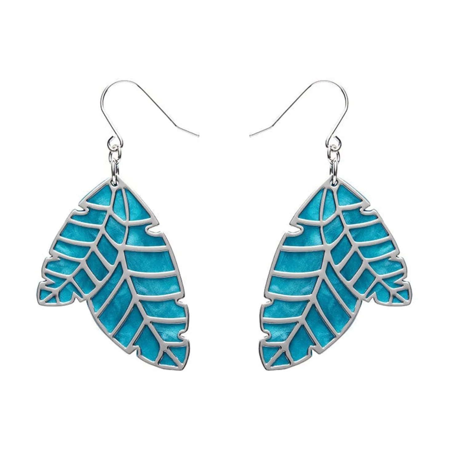 Leaf Textured Emerald Resin Drop Earrings - Silver