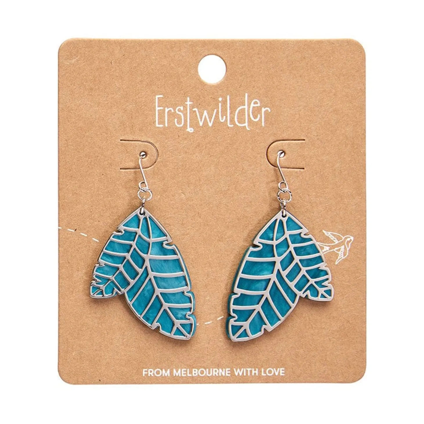 Leaf Textured Emerald Resin Drop Earrings - Silver