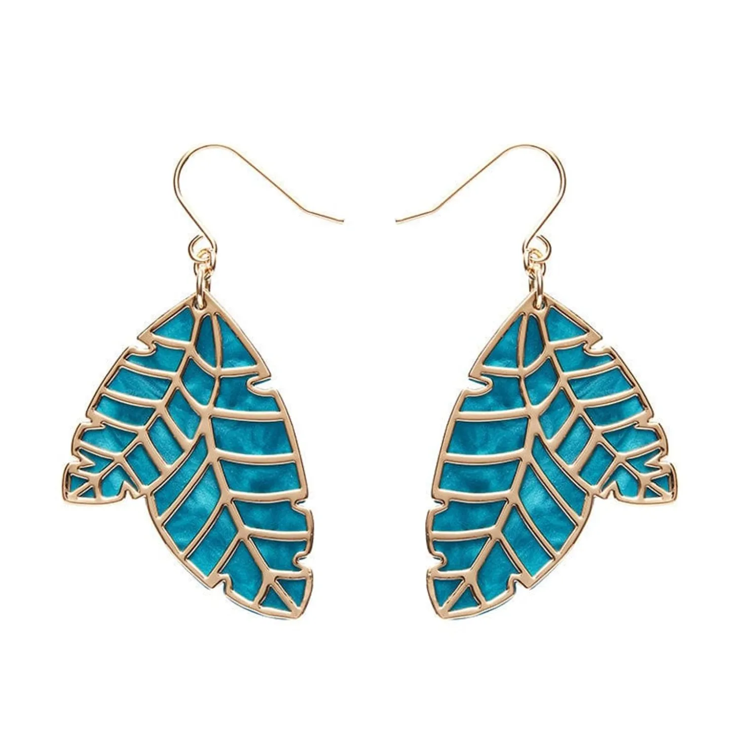 Leaf Textured Emerald Resin Drop Earrings - Gold