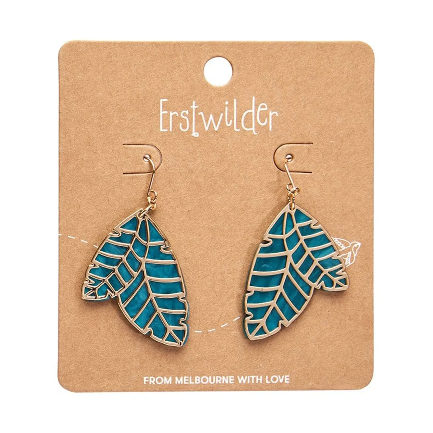 Leaf Textured Emerald Resin Drop Earrings - Gold