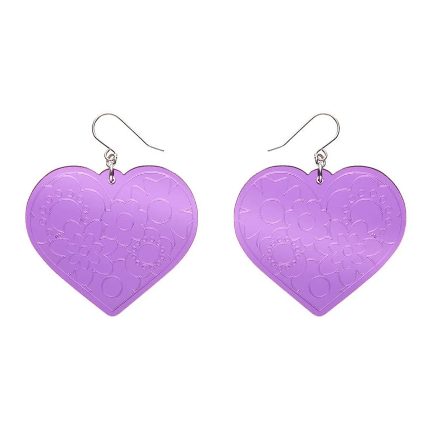 Love Heart Mirror Drop Earrings - Purple