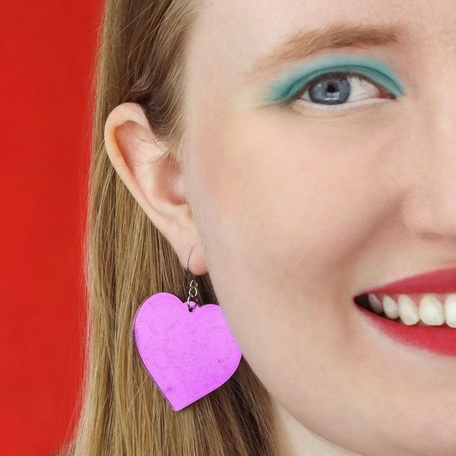 Love Heart Mirror Drop Earrings - Purple