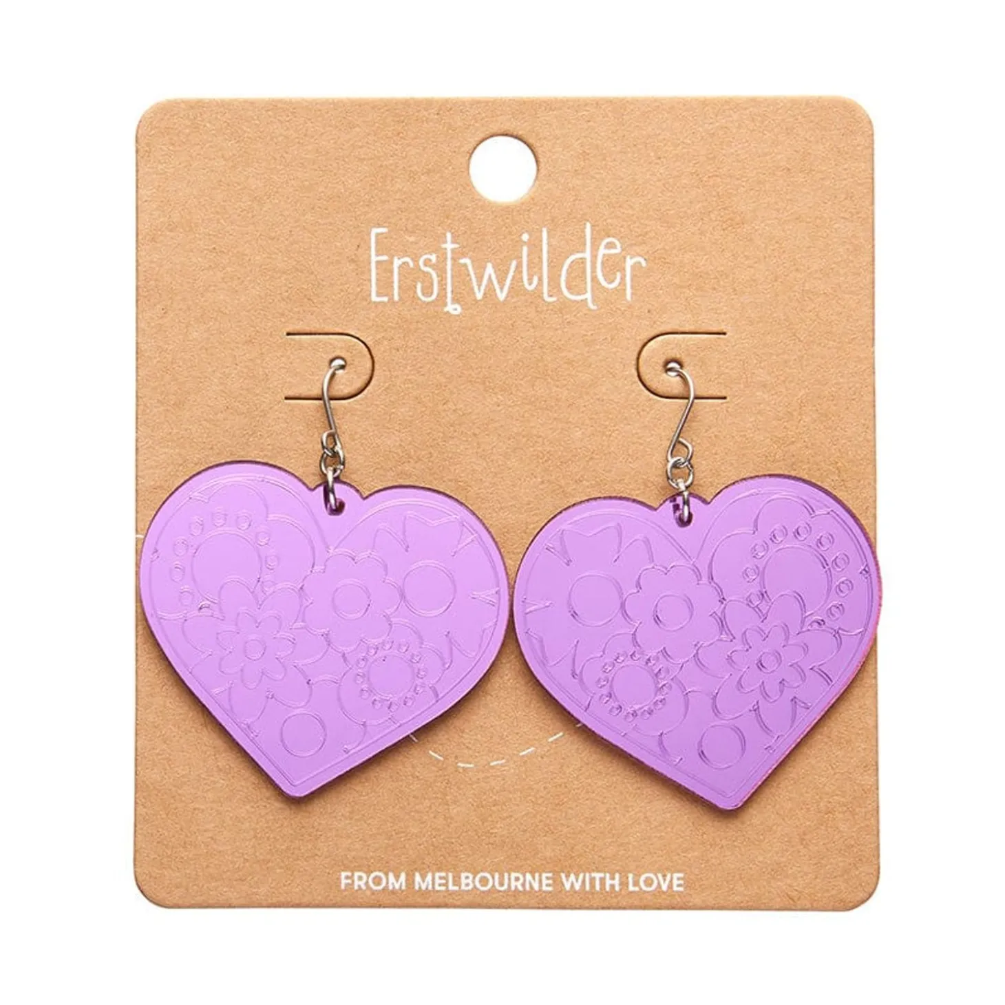 Love Heart Mirror Drop Earrings - Purple