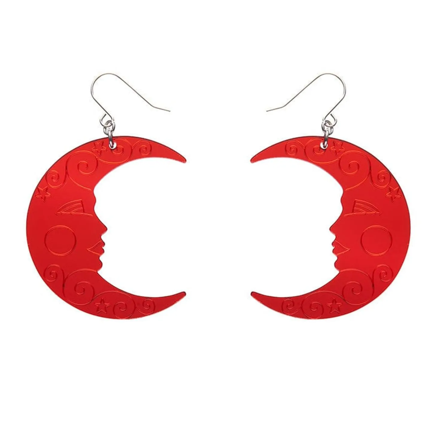 Moon Mirror Drop Earrings - Red