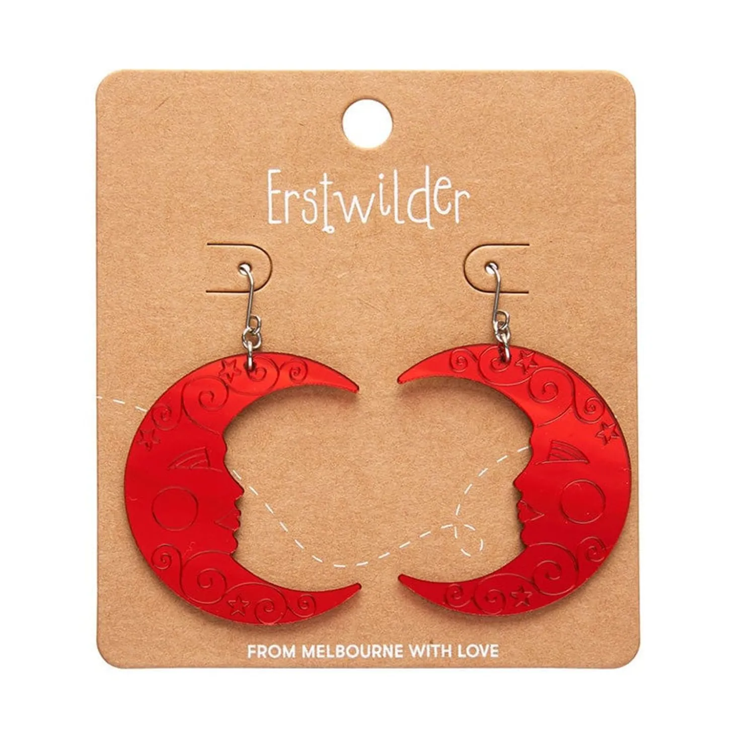 Moon Mirror Drop Earrings - Red