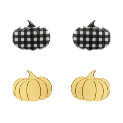 Pumpkin Patch Stud Earrings Set - Gold & Black Gingham