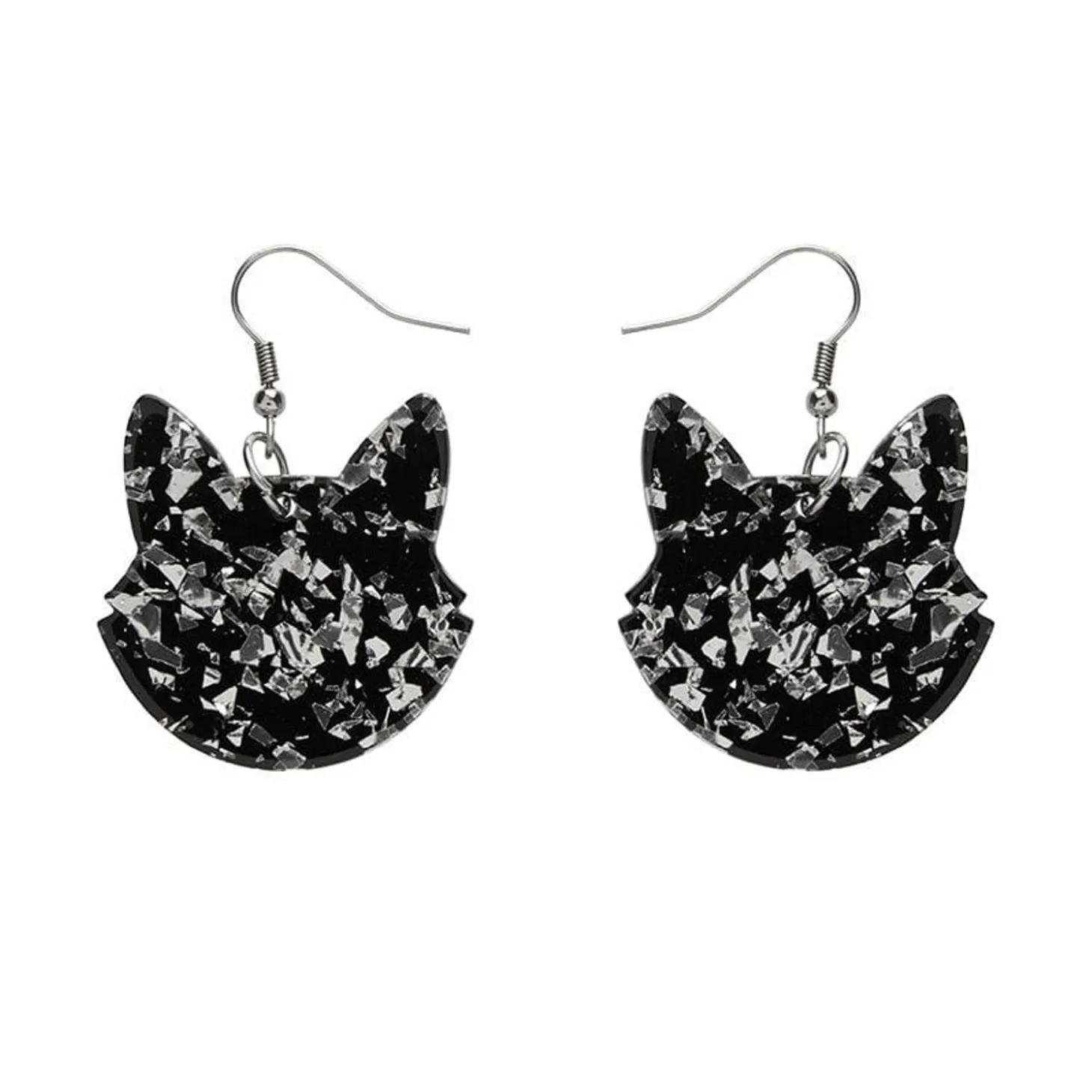 Solid Cat Head Chunky Glitter Resin Drop Earrings - Silver