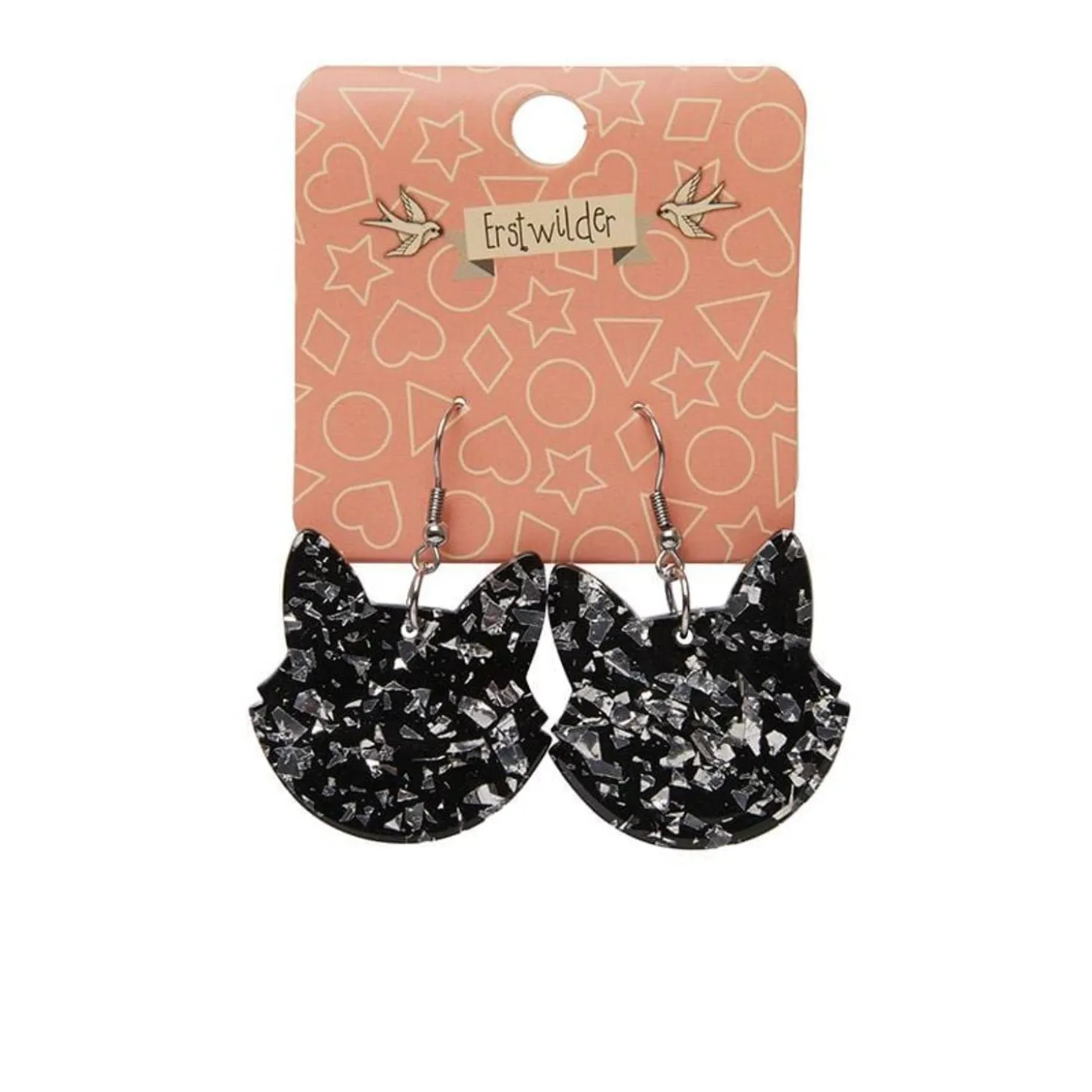 Solid Cat Head Chunky Glitter Resin Drop Earrings - Silver