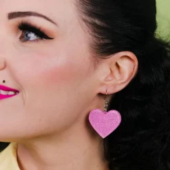 Solid Heart Glitter Resin Drop Earrings - Pink