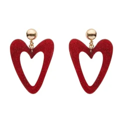 Statement Glitter Ripple Resin Heart Drop Earrings - Red