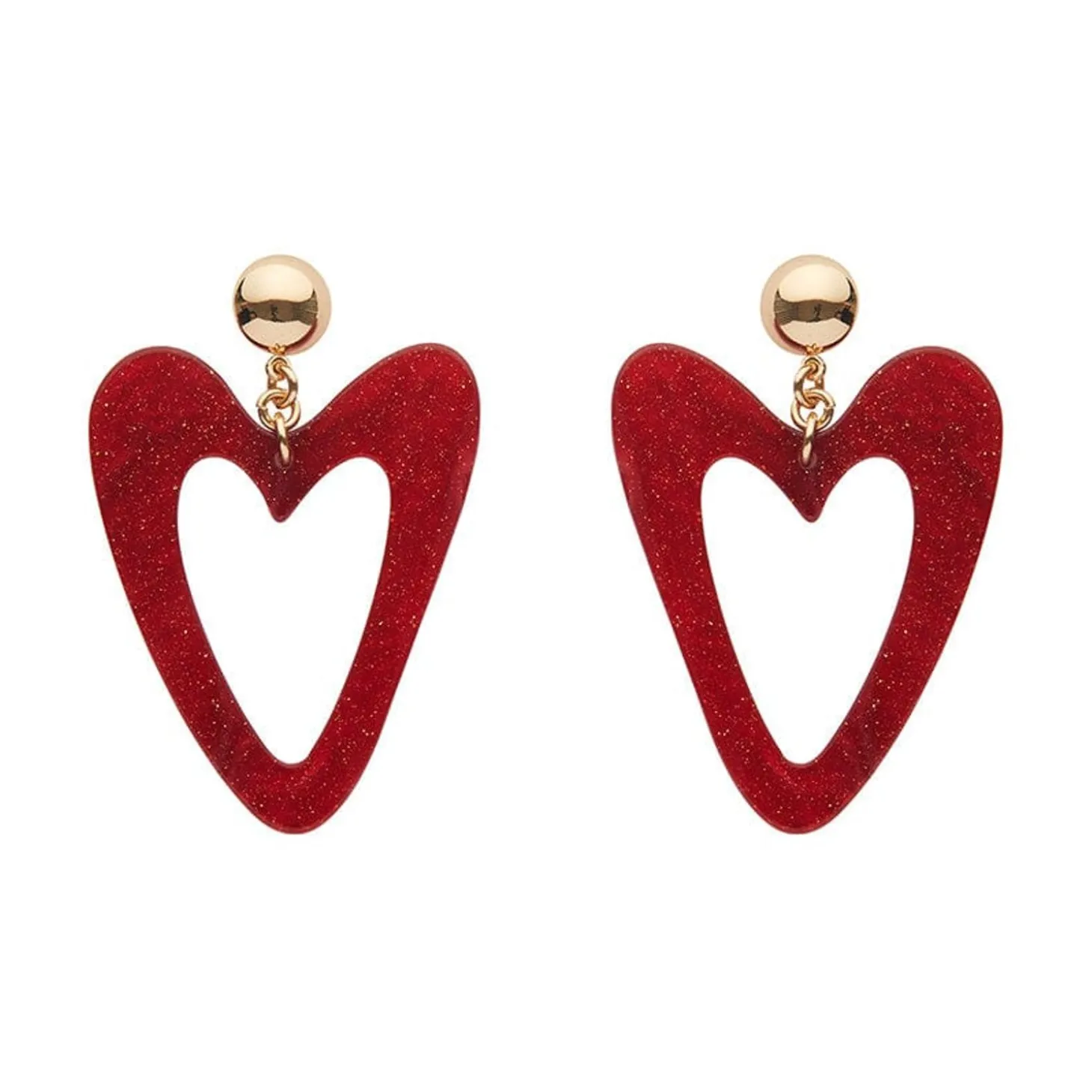 Statement Glitter Ripple Resin Heart Drop Earrings - Red