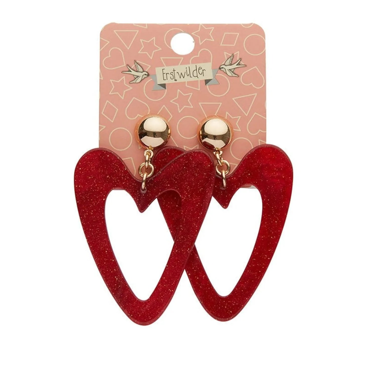Statement Glitter Ripple Resin Heart Drop Earrings - Red