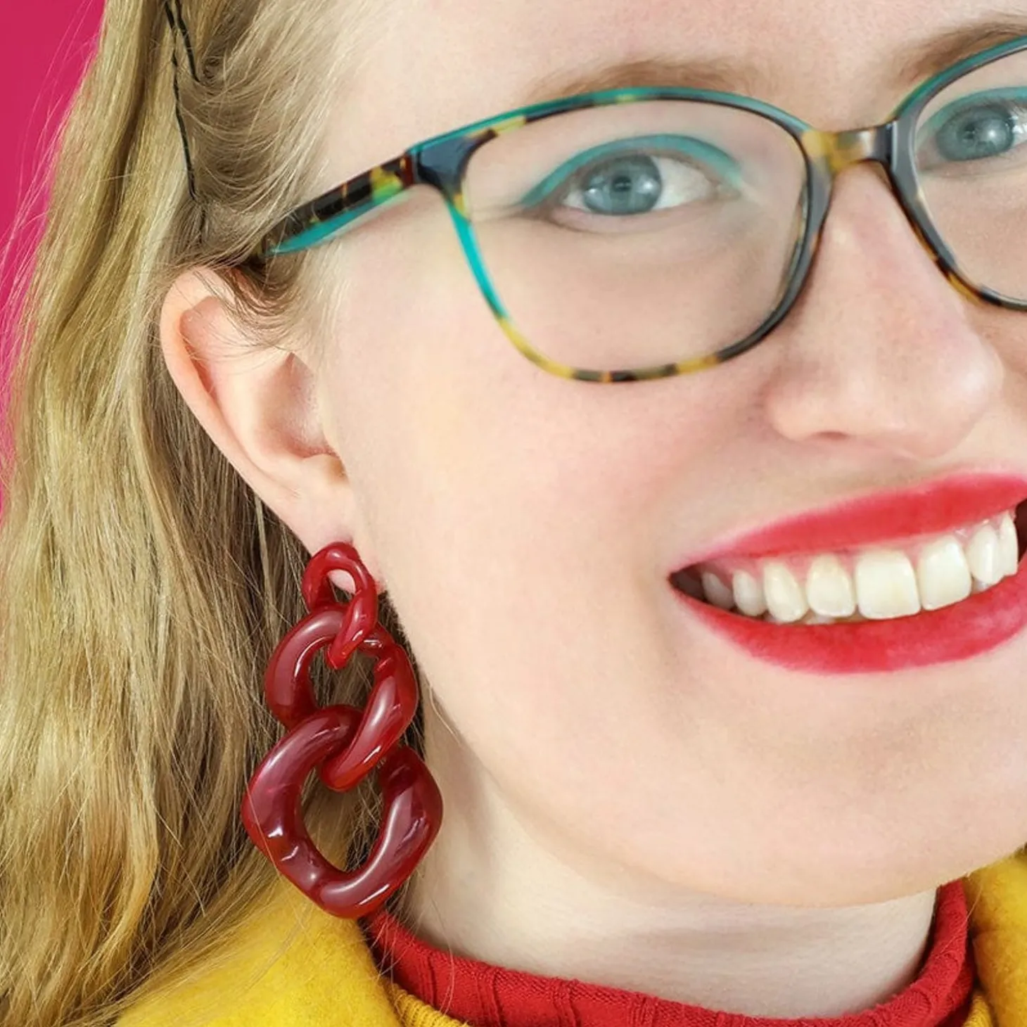Statement Marble Chain Earrings - Ruby Red