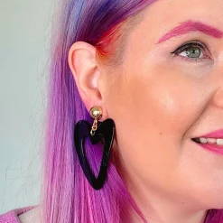 Statement Ripple Resin Heart Drop Earrings - Black